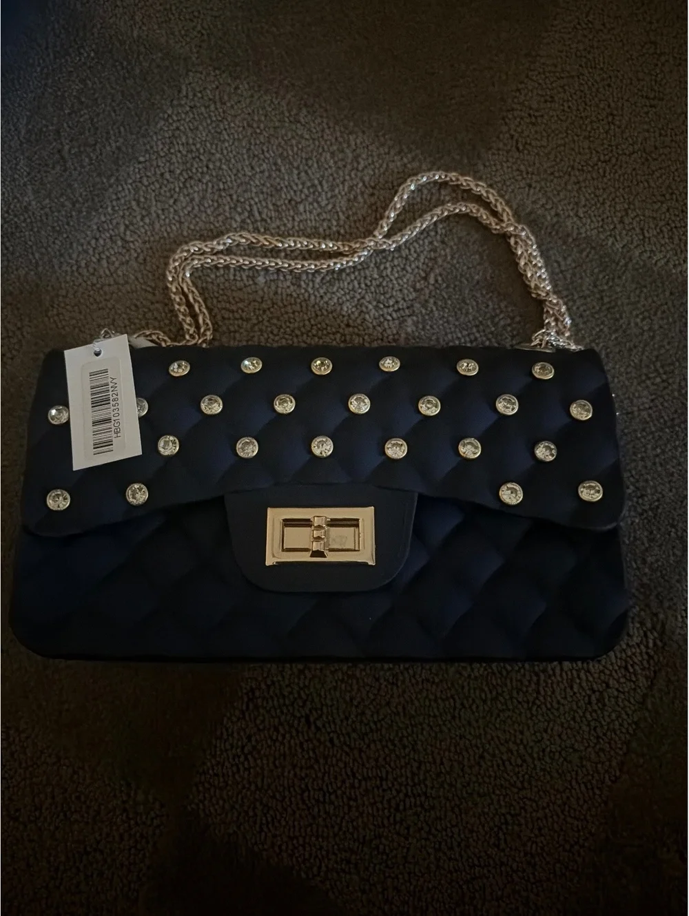 Black Quilted Shoulder Bag with Chain Strap and Stud Detailing